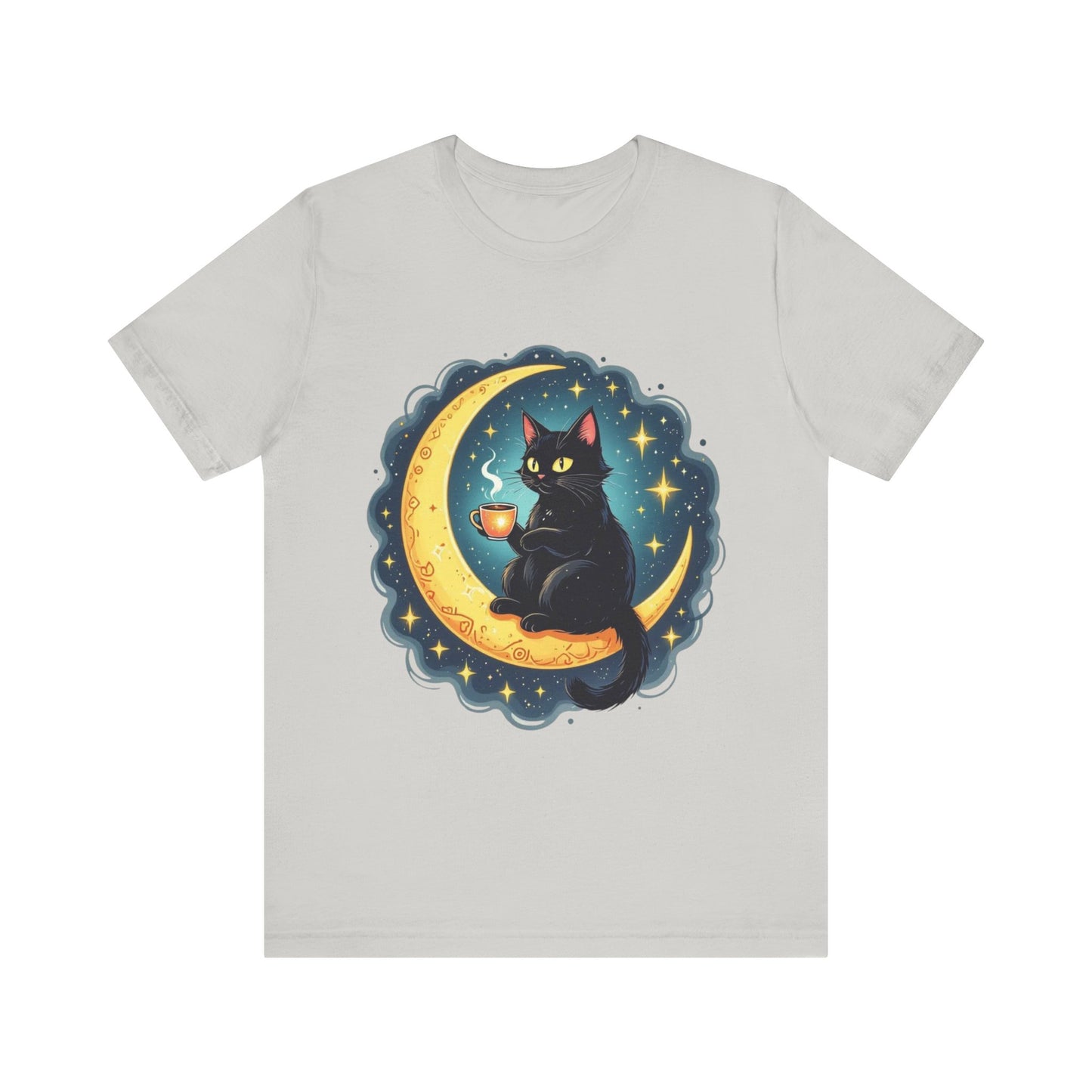Mystical Black Cat on Crescent Moon T-Shirt | Cosmic Witchy Coffee Cat Tee
