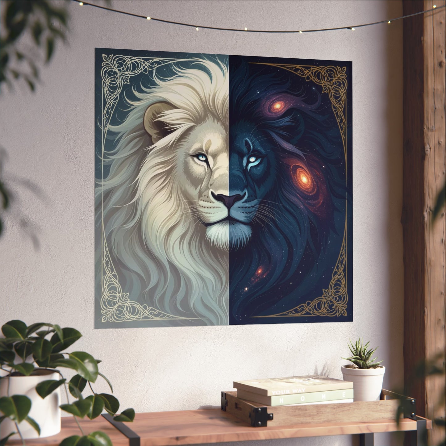 Duality Lion Art Print – Celestial White & Cosmic Black Lion Wall Décor