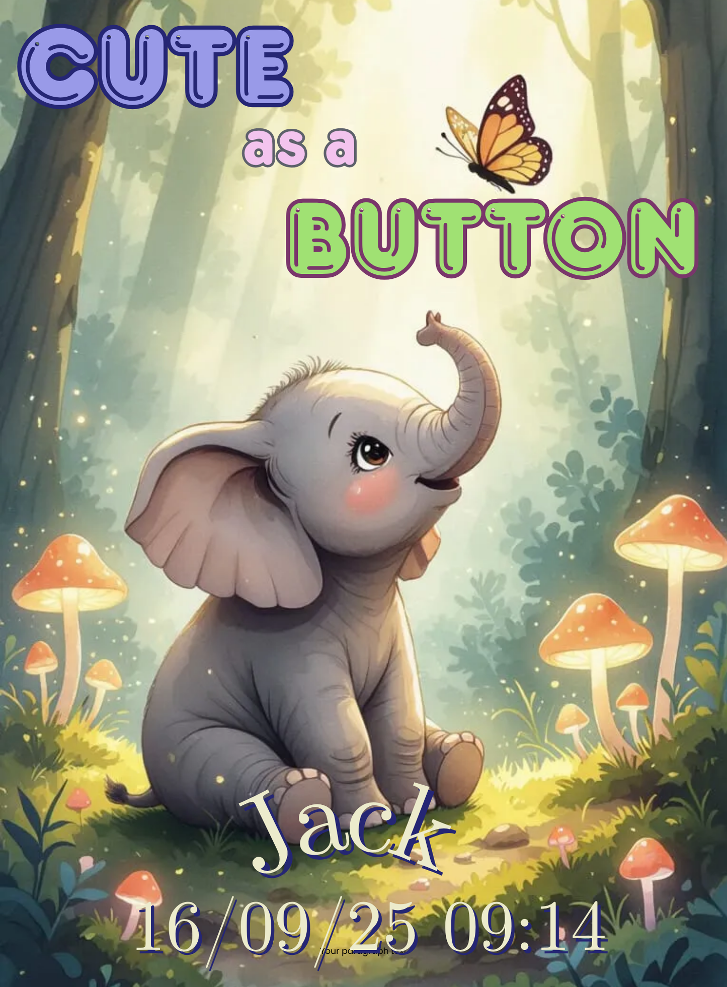 🐘 Cute as a Button – Personalised Elephant Nursery Print