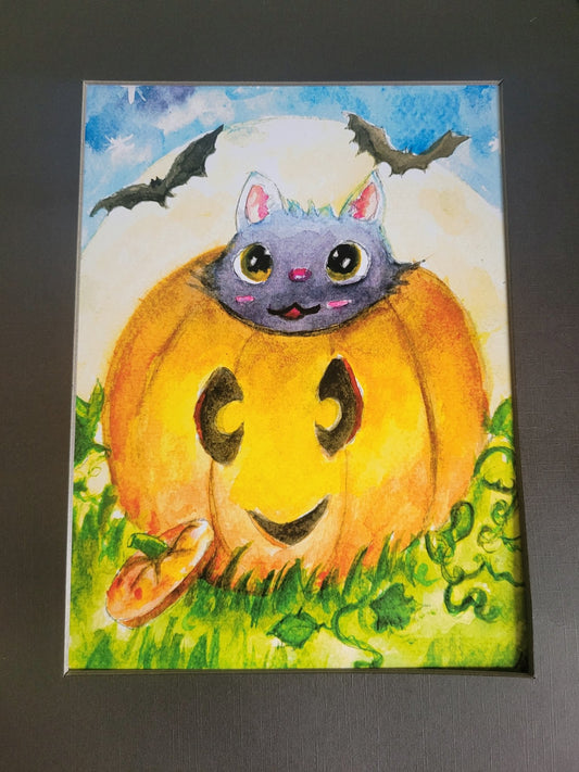 Kawaii Halloween Pumpkin Cat Print - Daonna Designs