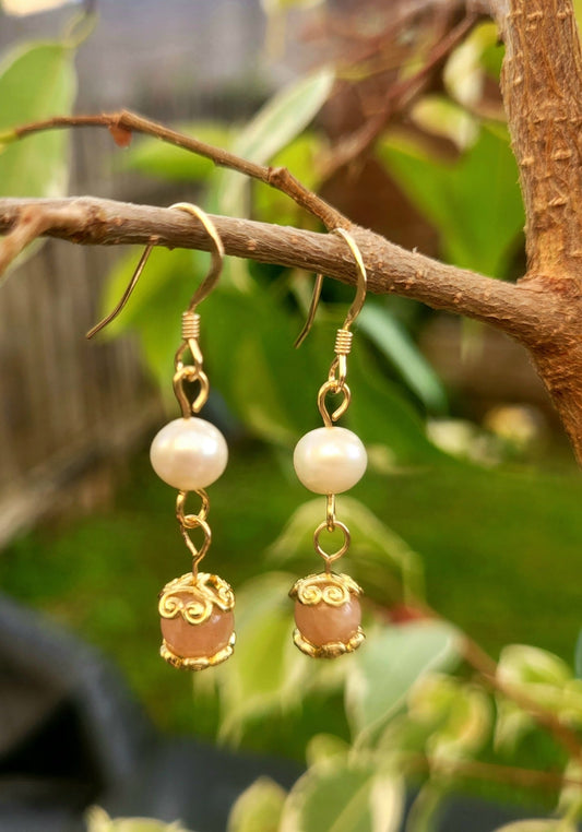 Peach Moonstone and Pearl Earrings - Daonna Designs