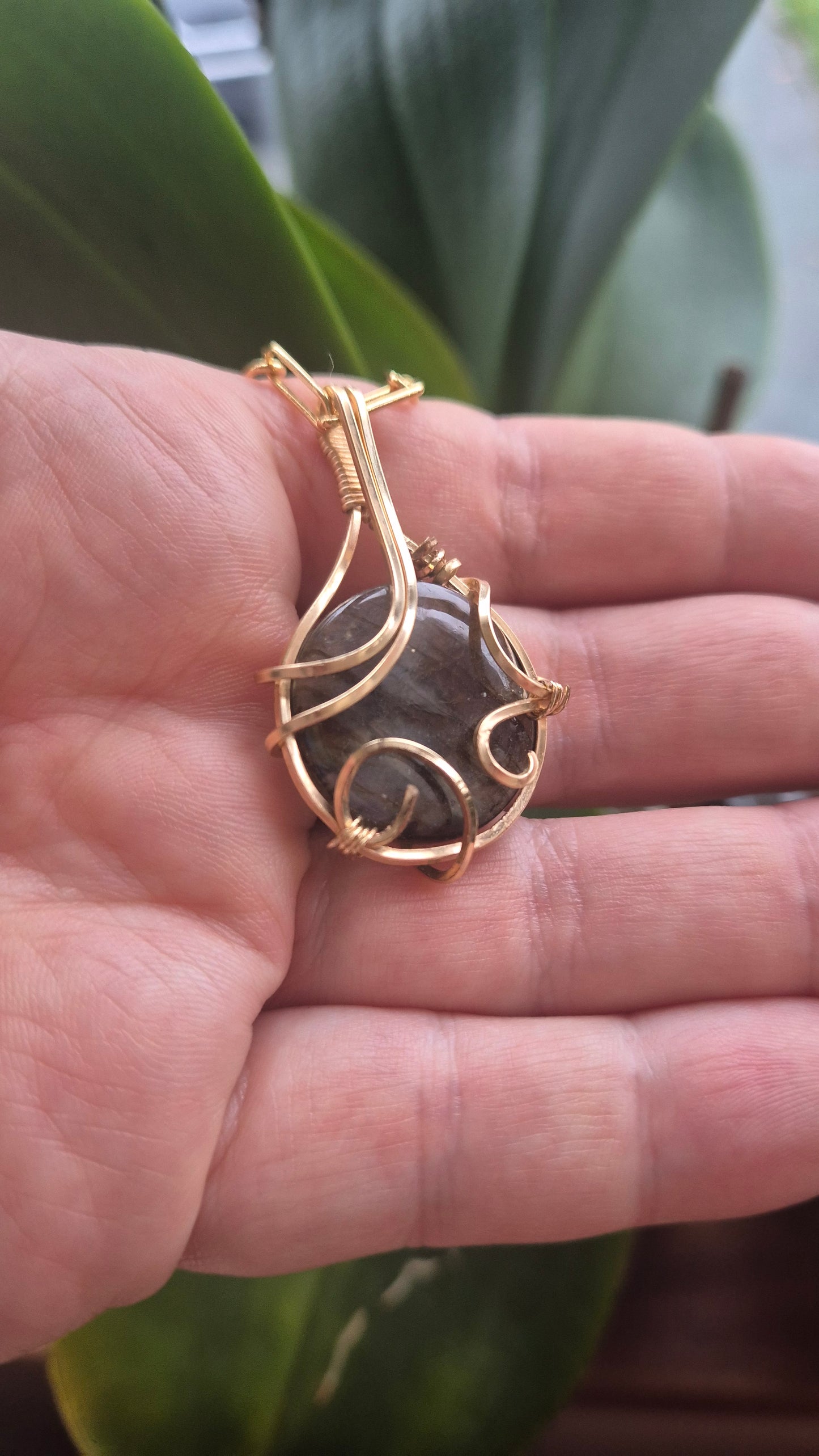 Gold Filled Labradorite Necklace – Wire Wrapped Pendant on Paperclip Chain