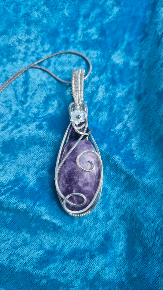 Storm Pendant | Handcrafted Lepidolite & Amethyst Pendant with Mother of Pearl Flower | Wire Wrapped Artisan Necklace | Calming Crystal Jewellery