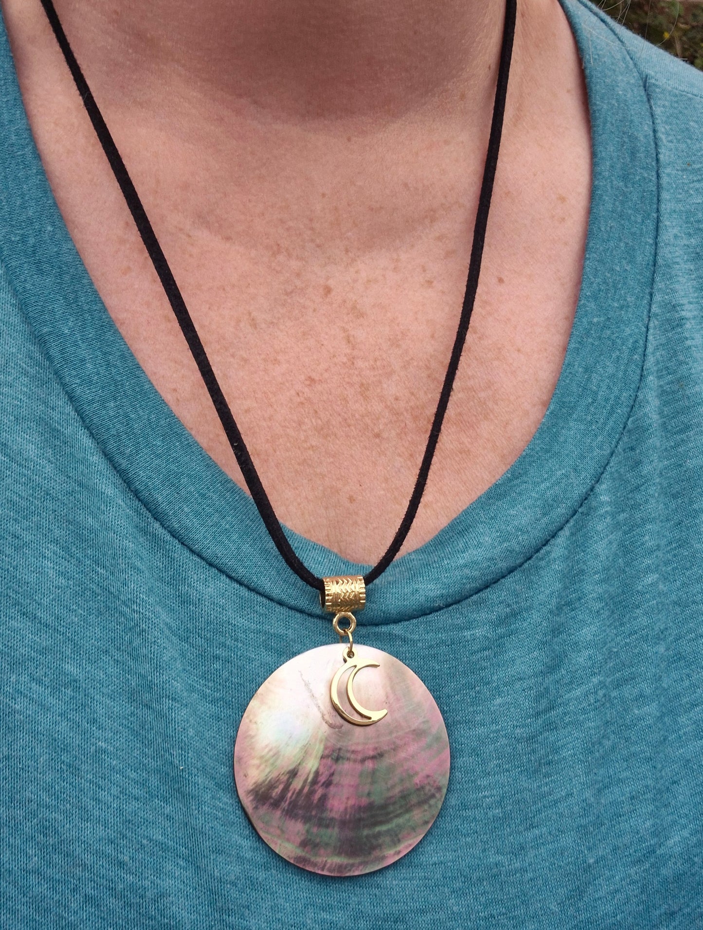 Lunar Light Pendant – Gold Crescent on Mother of Pearl (Gold Filled & Vegan Suede)