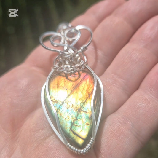 Labradorite Talisman Necklace — Sterling Silver Charm, Wire-Wrapped Pendant on Adjustable Chain