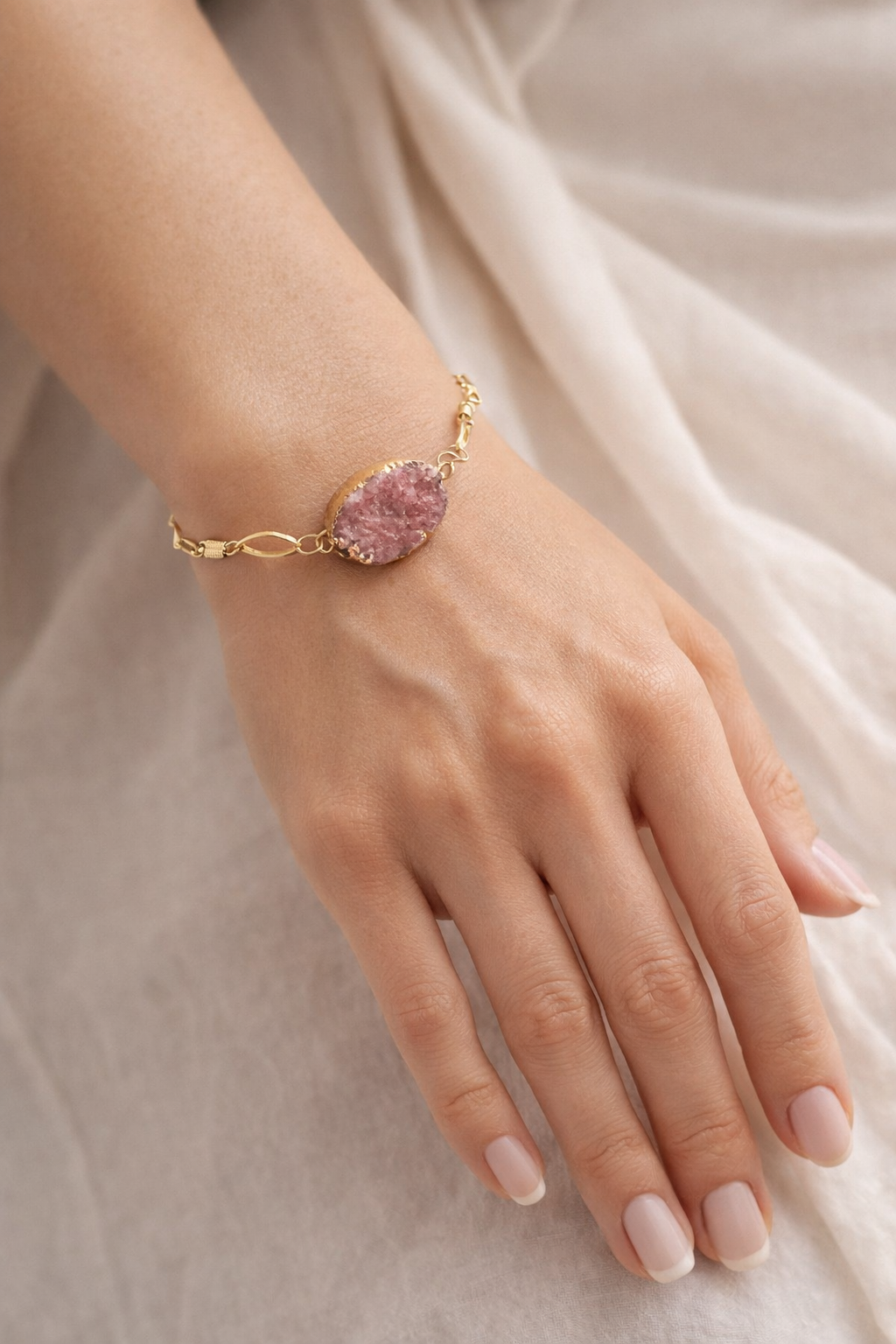 Pink Druzy Quartz Bracelet – Gold Filled Chain | Raw Crystal Statement Piece