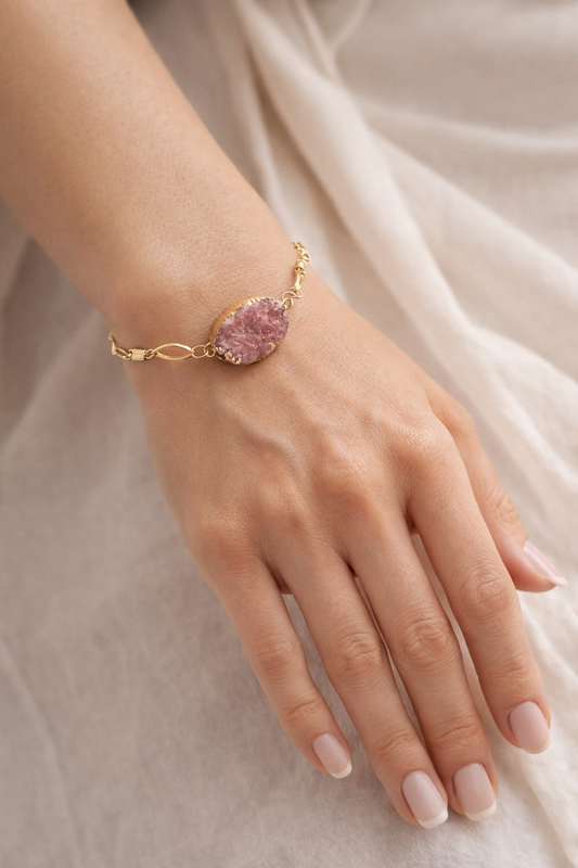 Pink Druzy Quartz Bracelet – Gold Filled Chain | Raw Crystal Statement Piece