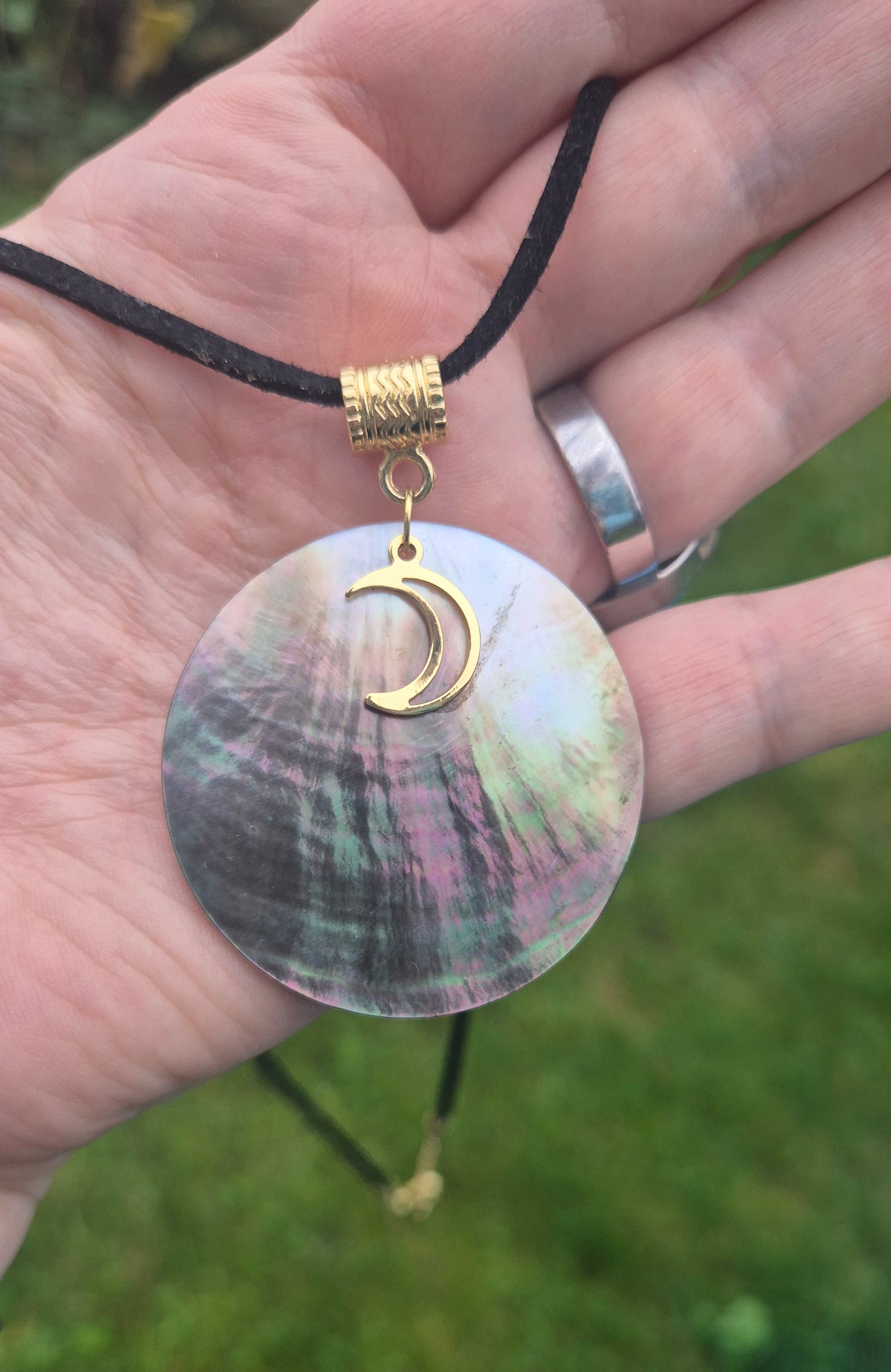 Lunar Light Pendant – Gold Crescent on Mother of Pearl (Gold Filled & Vegan Suede)