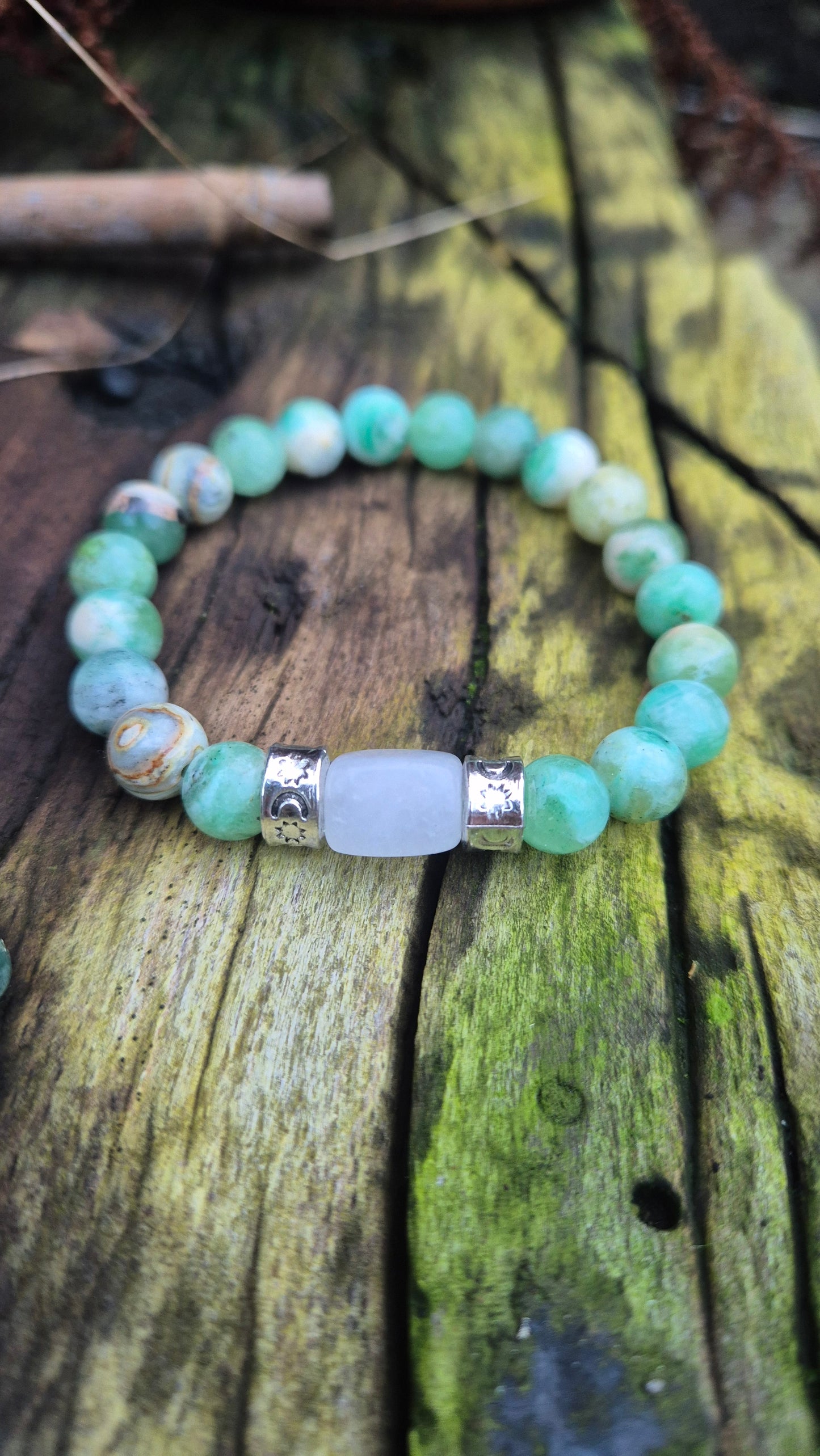 Green Jasper and White Jade | Stretch Bracelet  | Silver Celestial Spacers | Handmade Gemstone Bracelet
