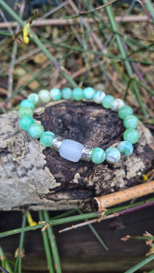 Green Jasper and White Jade | Stretch Bracelet  | Silver Celestial Spacers | Handmade Gemstone Bracelet