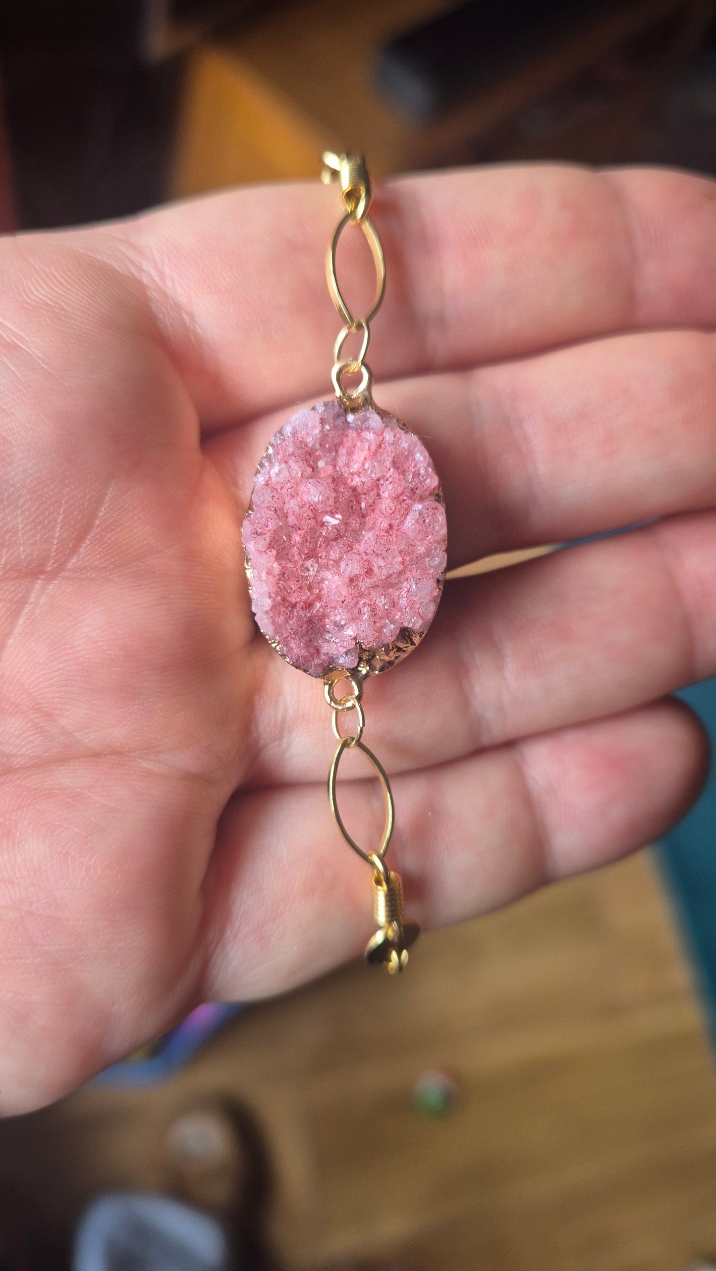 Pink Druzy Quartz Bracelet – Gold Filled Chain | Raw Crystal Statement Piece