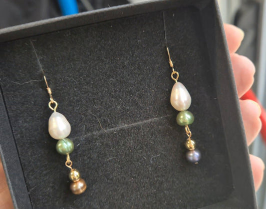 AAA Freshwater Pearl & Gold-Filled Drop Earrings – Elegant Three-Tone Dangle Earrings