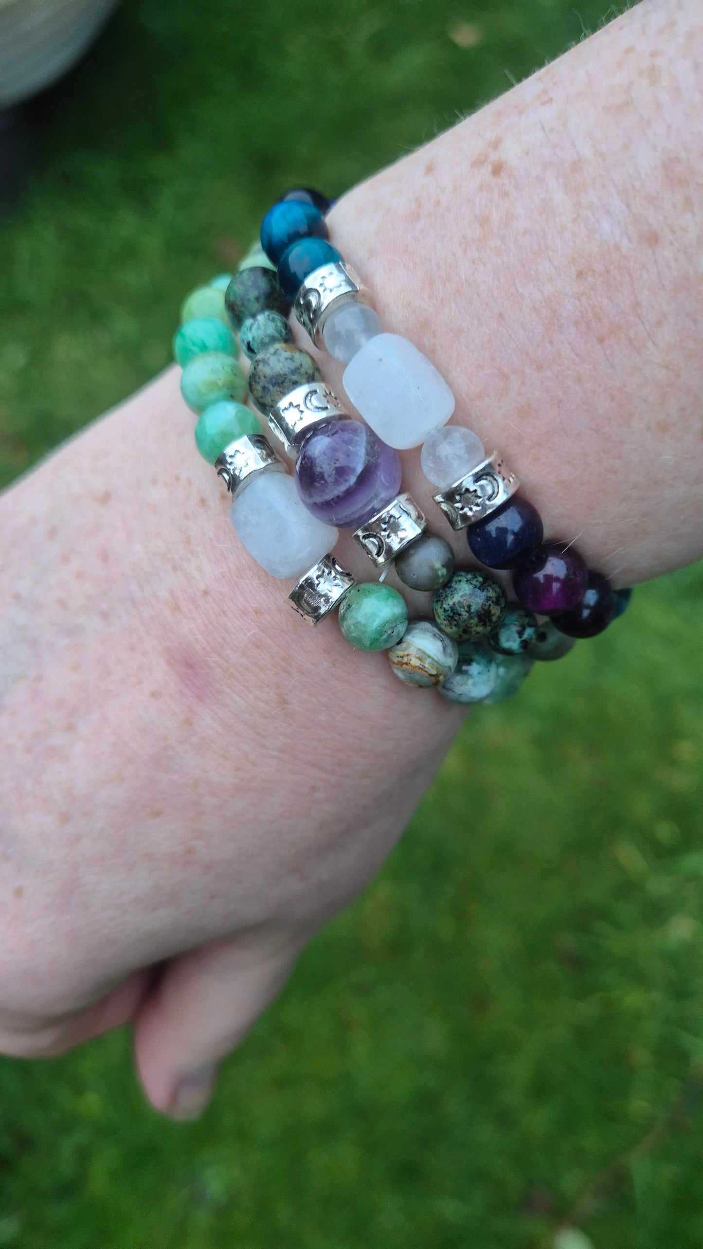 Green Jasper and White Jade | Stretch Bracelet  | Silver Celestial Spacers | Handmade Gemstone Bracelet